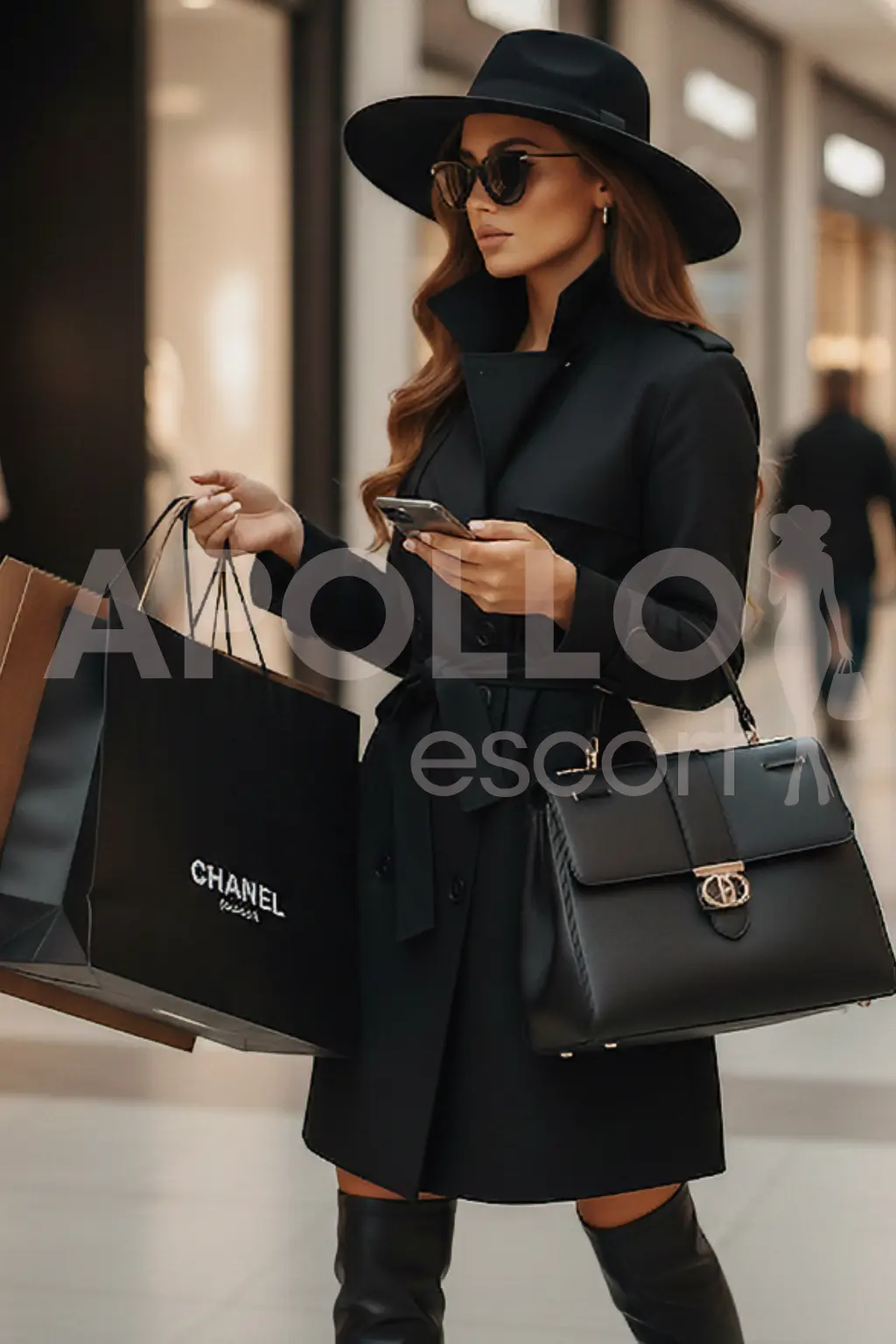 Larissa, glamorous Amsterdam escort shopping in luxury boutique with designer bags.